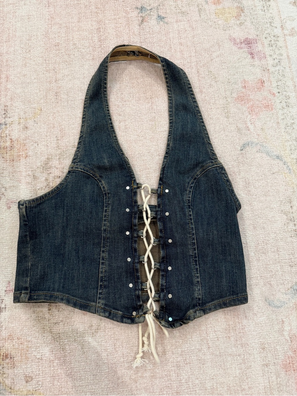 BDG Dark Blue Denim Lace-Up Halter Crop Top